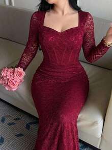 Feyla Vestido elegante de manga larga, cuello de corazón y ajustado para mujer de talla grande - Burdeos - Ver 4