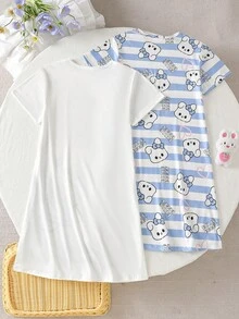 2件大女孩青少年女童休閒夏季睡裙，印有可愛兔子圖案與藍白條紋設計，圓領短袖居家服，採用柔軟輕盈針織面料製成，適合在炎熱季節舒適地休息與享受平滑放鬆的日常舒適感 - 藍白色 - 查看 2
