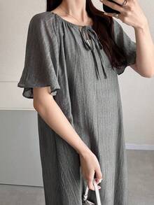 FRIFUL Women's Hollow Neckline Patchwork Pleated Full Skirt Long Dress - Grey - View 3
