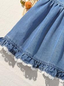 Cozy Pixies Đầm denim dáng rộng không tay, có bèo nhún và nơ cho bé gái - Màu xanh lam - Xem 3