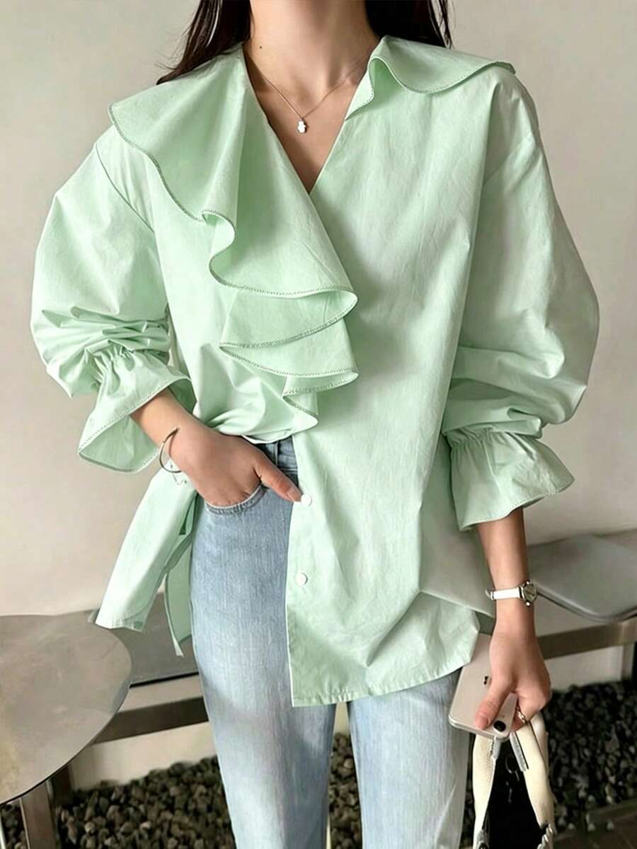 INAWLY V-Neck Patchwork Ruffle Hem Loose Blouse - Green - View 1