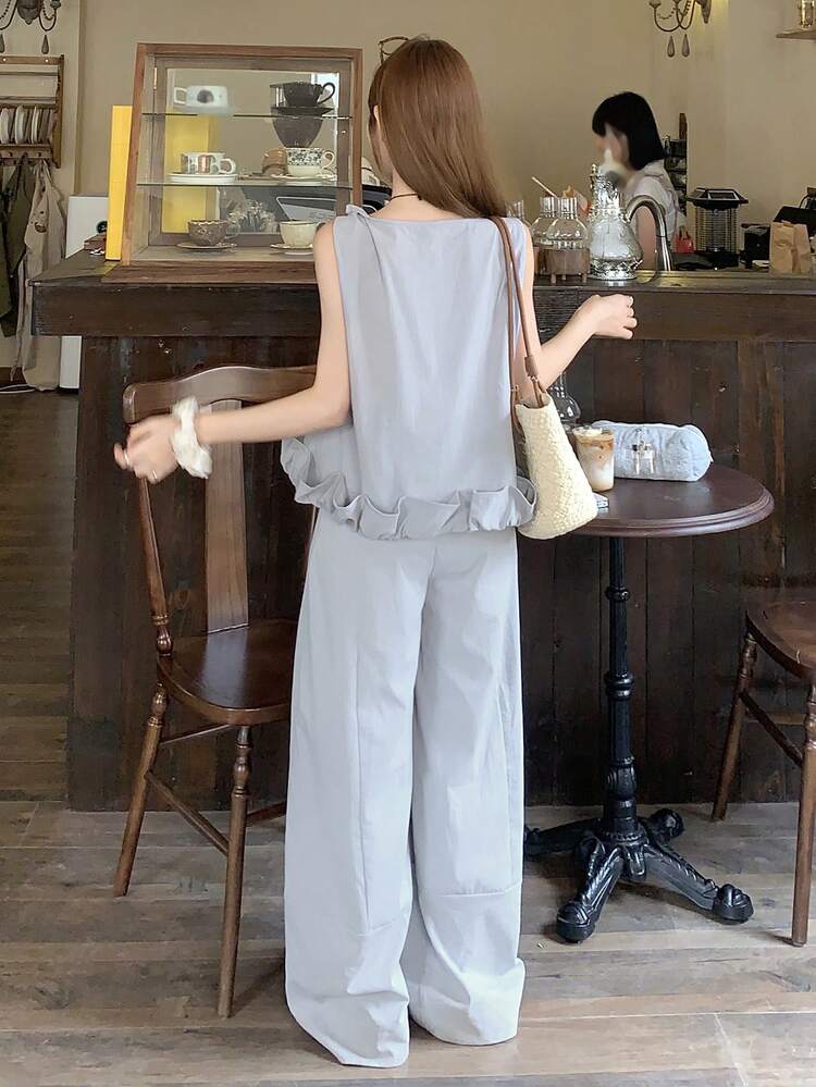 Women's Solid Color Sleeveless Top With Lace Trim And Flared Pants, Casual Summer 2 Pieces Set