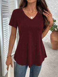 EMERY ROSE Plus Size Solid Short-Sleeved Casual V Neck T-Shirt For Summer - Burgundy - View 1