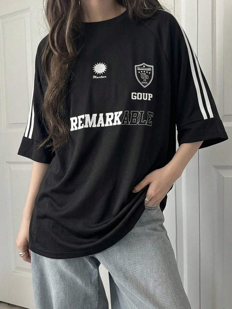 DAZY Round Neck Striped Side Slit T-Shirt Oversized T-Shirt,Graphic Tees School Cute Tops - Black - View 1