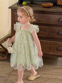 LMoss Kids 女婴纯色方领荷叶边刺绣网纱休闲连衣裙 - 彩色 - 查看 8