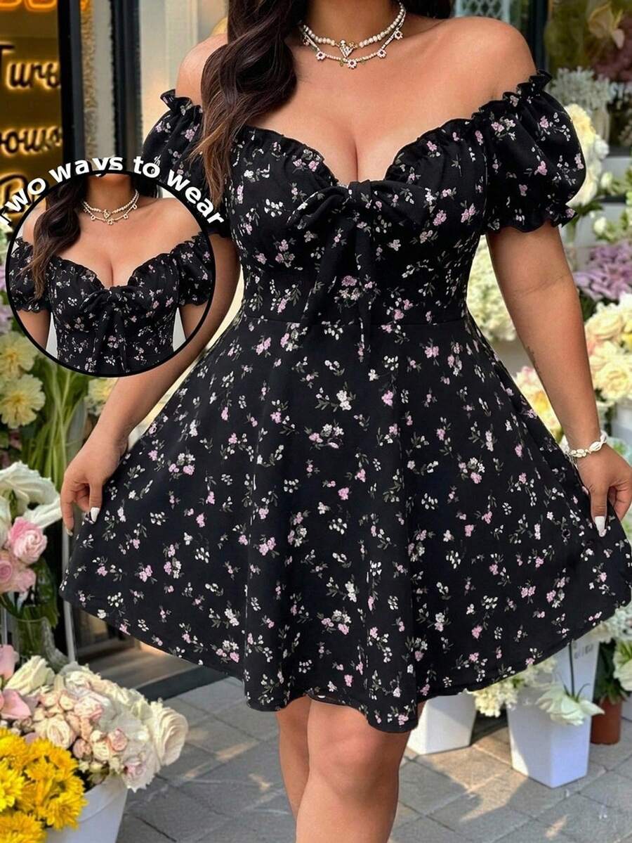 SHEIN EZwear 大码夏季休闲碎花露肩荷叶边连衣裙 - 彩色 - 查看 1