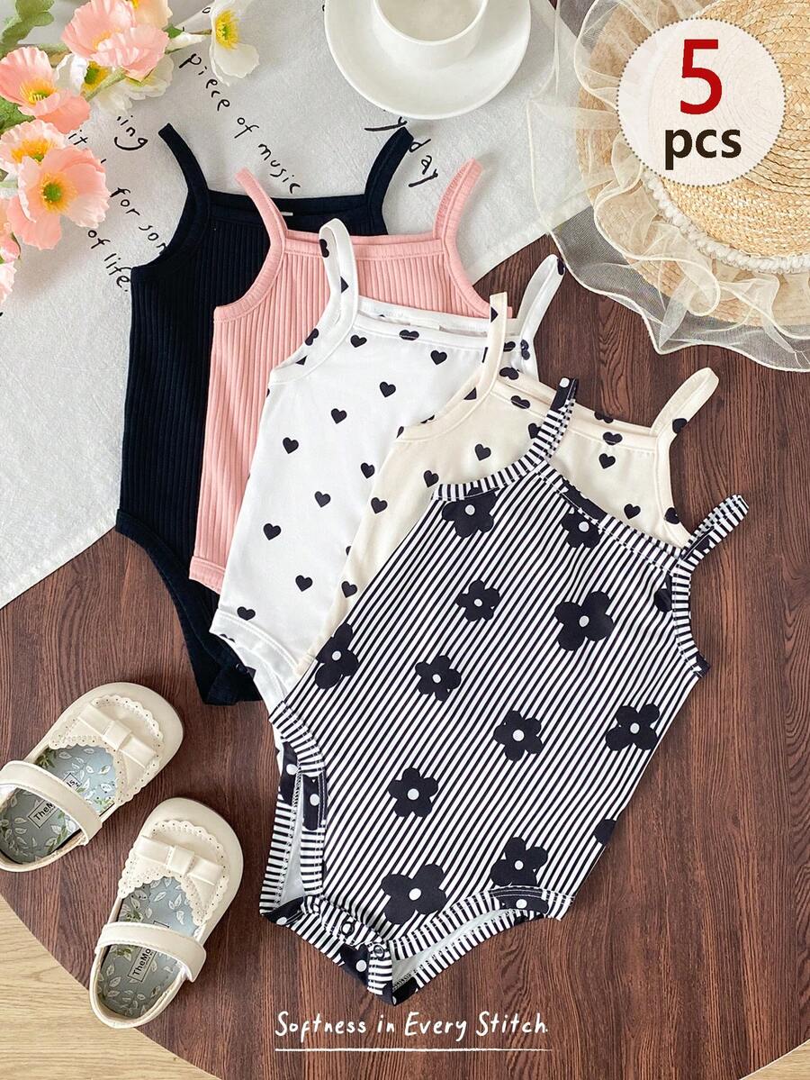 Cozy Pixies 5件套男婴复古甜美黑白条纹、迷你碎花印花、涂鸦花卉、爱心图案、粉色罗纹针织5件套休闲简约弹力纯色连体衣，夏季舒适 - 彩色 - 查看 1