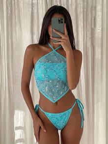Costavie Bộ 3 món đồ bơi nữ gợi cảm đi biển xuân hè, áo crop top hai dây vải sequin vân nổi, áo bra và quần bikini buộc dây bên hông - Màu xanh bạc hà - Xem 8