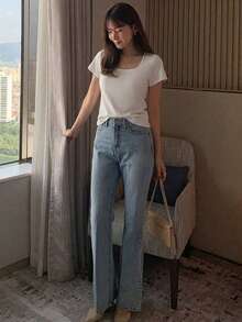 DAZY Women's Round Neck Solid Color Basic White Short Sleeve T-Shirt, Spring/Summer - White - View 6