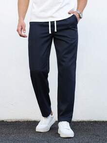 Manfinity Homme Men's Drawstring Waist Pockets Straight Leg Business Casual Pants, Formal - Navy Blue - View 7