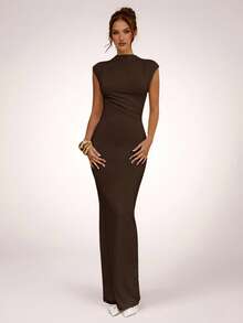 SHEIN BAE Apricot Asymmetric Ruched Bodycon Dress, Elegant Basic Minimalist Long Dress, Spring/Summer,Summer Dresses For Women - Coffee Brown - View 3