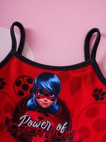 Miraculous Ladybug X SHEIN Đầm hai dây in hình nhân vật hoạt hình dành cho bé gái - Đỏ - Xem 4