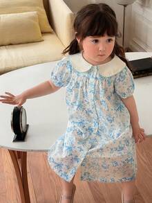 DAZY Robe décontractée pour bébé fille à imprimé floral, col Peter Pan, manches courtes, style vacances d'été - Bleu ciel - Voir 3