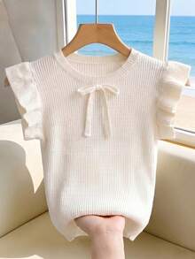 Franclia Top décontracté élégant et polyvalent pour femmes avec col rond, manches papillon à volants et nœud décoratif. Top tricoté mignon, Top d'été - Nude - Voir 1