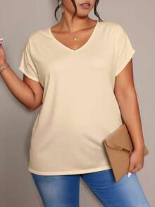 EMERY ROSE Apricot Solid V-Neck Short Sleeve Plus Size T-Shirt, Batwing Sleeve Design - Multicolor - View 3