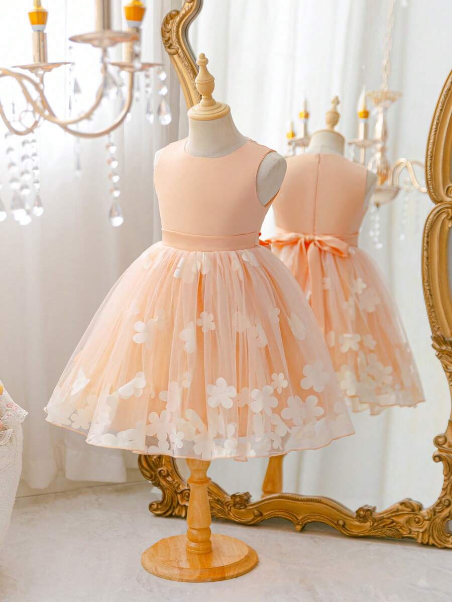 SHEIN Glamorique Kids 女童公主裙,花童礼服,生日派对,婚礼,节日,缎面面料,无袖,多层网纱裙摆,后背蝴蝶结系带 - 橘色 - 查看 1