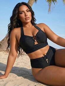 SHEIN Swim 大尺碼色性感極簡風泳衣套裝 - 黑色 - 查看 3