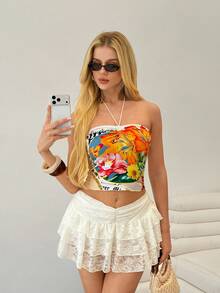 SHEIN Women's Fashion Spaghetti Strap Vintage Sexy Tropical Floral Print Camisole Tank Top Slimming Sleeveless Undershirt Beach Vacation Off-White Summer - Beige - View 1