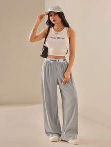 SHEIN PETITE Quần ống rộng nữ kiểu dáng thường ngày, có in chữ, cạp chun. - Xám - Xem 3