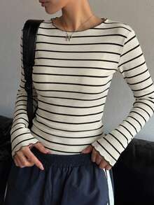 DAZY Women's Round Neck Long Sleeve Striped Simple Top, Casual Daily Wear,Fall Clothes - Multicolor - View 8