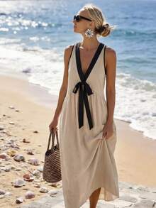 SHEIN Holidaya Đầm nghỉ mát mùa hè 100% cotton kiểu Bohemian, đầm cổ chữ V thiết kế nơ phối màu tương phản thời trang kiểu khu nghỉ dưỡng đảo, chất liệu mềm mại thoải mái, trang phục đi biển cho nữ/đầm hè cho nữ/thích hợp cho mặc hàng ngày, đi nghỉ mát. - Màu Khaki - Xem 6