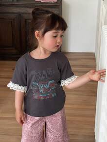 DAZY Infant/Toddler Girls' Round Neck Lace Patchwork Korean Style Spring/Summer Top - Grey - View 1