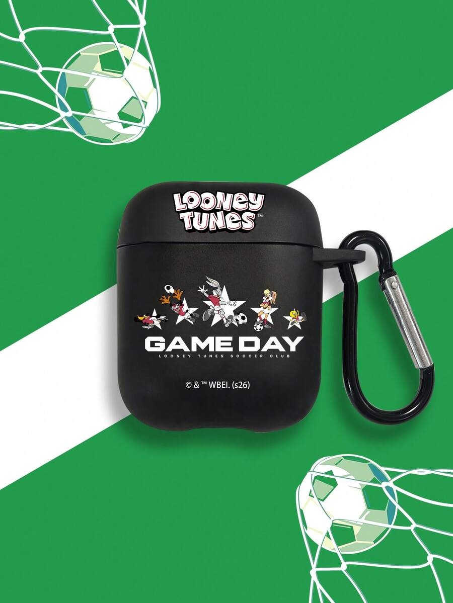 LOONEY TUNES X SHEIN 1pc Looney Tunes "Game Day" Soccer Team AirPods Case With Matte Black Finish, Featuring The Full Looney Tunes Soccer Team Graphic And "GAME DAY" Lettering, Complete With A Convenient Carabiner Hook. Full-Covered Shockproof Protection For Your Earbuds. Perfect Gift For Cartoon Lovers And Fans Of Looney Tunes. Compatible With AirPods 1/2/3/4/Pro/Pro 2/Pro 3, Earphone Accessories, , Quick Ship. - Black - View 1