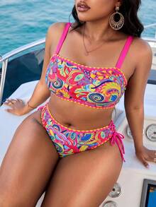 Slaydiva Bộ bikini 2 mảnh cỡ lớn dành cho nữ, họa tiết hoa gợi cảm, thích hợp cho kỳ nghỉ hè. - Màu Hồng Tươi - Xem 6