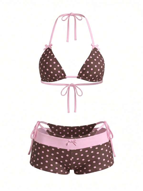 Sweetra Bộ bikini 3 mảnh dành cho nữ, họa tiết chấm bi mới, thắt nơ trang trí, cổ chữ V, dây buộc cổ, hở lưng, kiểu tam giác, quần đùi buộc dây bên hông, thích hợp cho mùa xuân/hè. Bikini chấm bi màu nâu, bikini chấm bi kiểu quần short đi biển.