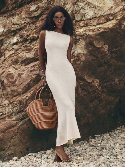 ATUI Studio Women's White Stretchy Wool Blend Sweater Dress – Elegant Chic Long Sleeve Knit Dress For Summer Beach, Party & Wedding Guest