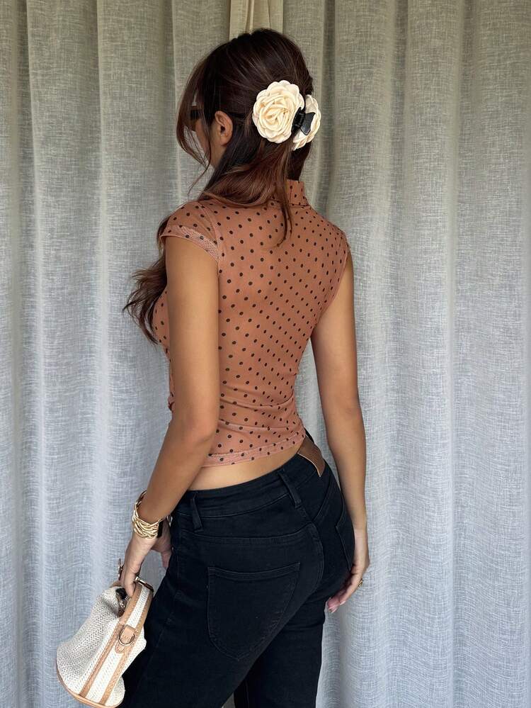 Polka Dot Mesh Fitted Short Sleeve Sexy Vacation Summer Blouse For Women