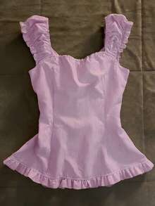 SHEIN Áo kiểu nữ ôm dáng, viền bèo nhún, kẻ sọc, cài cúc. - Hồng - Xem 2