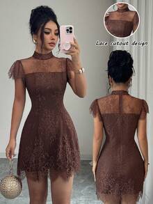 Elenzga Đầm bodycon nữ thanh lịch lãng mạn bằng vải ren, cổ cao, tay bèo, eo chiết - Cà phê - Xem 3