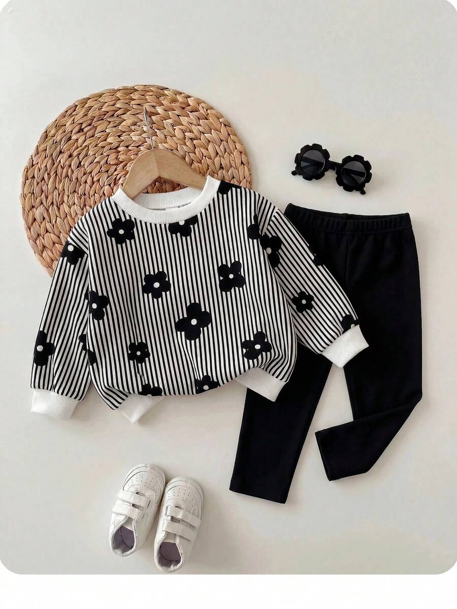 SHEIN Babygirl Cute Floral & Striped Pattern Sweatshirt And Elastic Waist Pants Set - Black and White - View 1