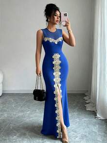Elenzga Women's Contrast Embroidery Round Neck Mesh Patchwork High Slit Sleeveless Dress - Blue - View 3