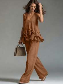 LUMIGAL Women's Solid Color V-Neck Pleated Top And Pants Casual Suit - Coffee Brown - View 3