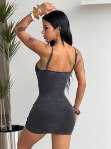 Coolane Đầm ngắn ôm dáng, kiểu dáng mùa hè, phong cách grunge, dự tiệc âm nhạc, preppy, tối giản, chất liệu cotton dệt kim gân, màu bạc loang, cài cúc, dành cho nữ. - màu đen - Xem 7