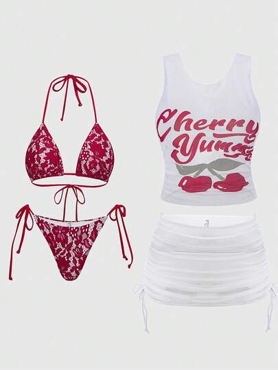 ROMWE Kawaii Bộ đồ bơi nữ phong cách Y2K, màu trắng và đỏ phối hợp, áo không tay bằng vải lưới in chữ hình quả anh đào, chân váy ngắn xếp ly có dây rút bên hông, phong cách Y2K ngọt ngào và quyến rũ cho mùa xuân, lễ Phục sinh, tiệc bãi biển, hồ bơi, kỳ nghỉ.