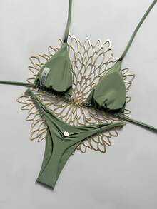 Swim Mod Women's 26SS Spring/Summer New Solid Dusty Green Metal Decor V-Neck Backless Halter Triangle Wrap Ruched Bikini Two Pieces Swimwear - Army Green - View 2