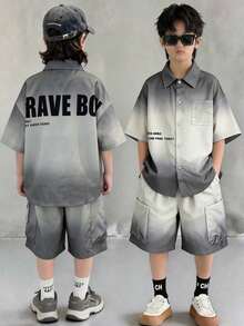 SHEIN Little Byeori 2件組青少年男孩淺灰色夏季休閒城市度假學院風街頭塗鴉紮染字母開襟短袖上衣與短褲套裝 - 彩色 - 查看 6