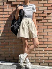 DAZY High Waist Plicated Detail Wide Leg Denim Shorts Jorts - Beige - View 6