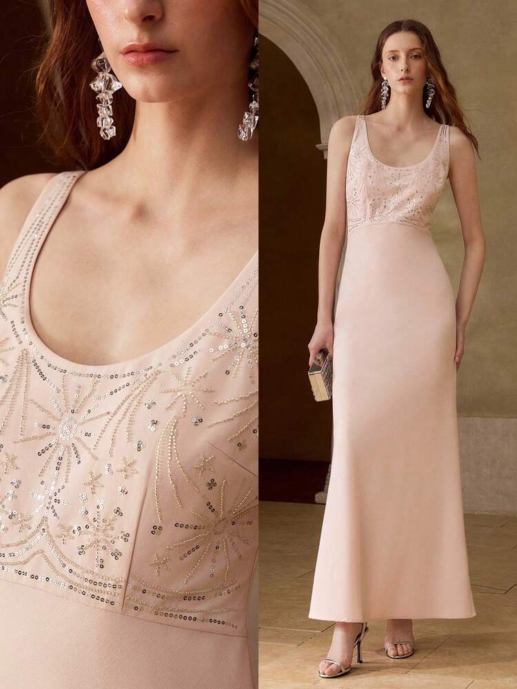 ELEGANT BEADED EMBROIDERED DRESS, ROMANTIC FOR SPRING/SUMMER PARTY AND VACATION, PINK