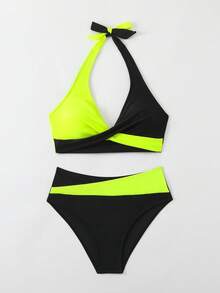 Swim Lushoire 2pcs/Set Women Solid Color Splice Bikini Top And Bottom Swimwear Summer - Multicolor - View 3