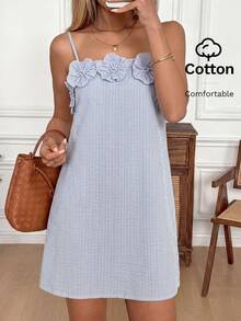 Vestido de verano para mujer, estilo línea A, color albaricoque, con dobladillo de volantes y detalles florales - lago azul - Ver 2