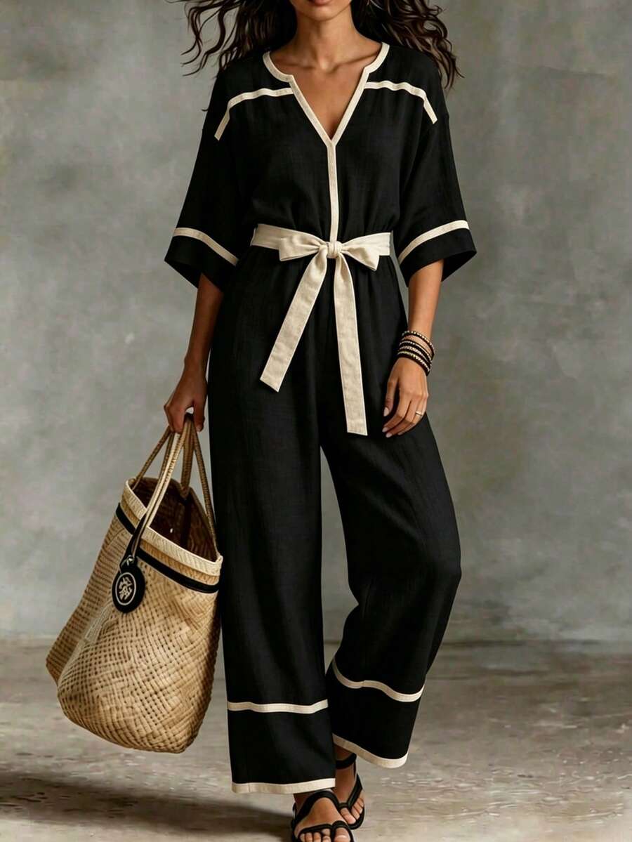 SHEIN Women's V-Neck Apricot Linen-Feel Bamboo Knit Contrast Color Jumpsuit, Suitable For Vacation And Beach - Black and White - View 1