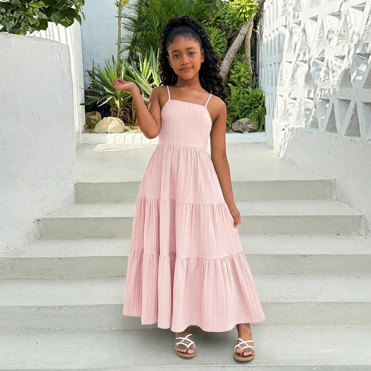 Vestido casual de verano con tirantes con volantes y espalda descubierta con lazo para niñas preadolescentes, vestido largo de vacaciones