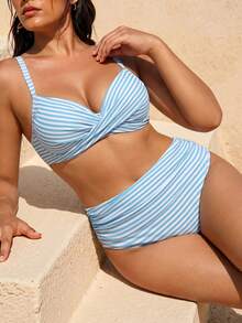 Swim Lushoire Conjunto de bikini de 2 piezas con tirantes finos y estampado de rayas para mujer de talla grande, con diseño minimalista y elegante - Azul - Ver 6