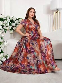Reflora Plus Size Women's Elegant Floral Print Dress, Summer Wedding Guest Dress - Burgundy - View 3