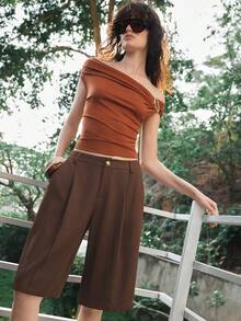 SHEIN Luminelle 夏季新款棕色金属扣宽松直筒阔腿短裤，百搭通勤显瘦短裤，适合通勤、约会、旅行、度假等场合。 - 棕色 - 查看 7