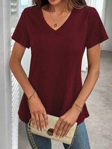 EMERY ROSE Plus Size Solid Short-Sleeved Casual V Neck T-Shirt For Summer - Burgundy - View 3